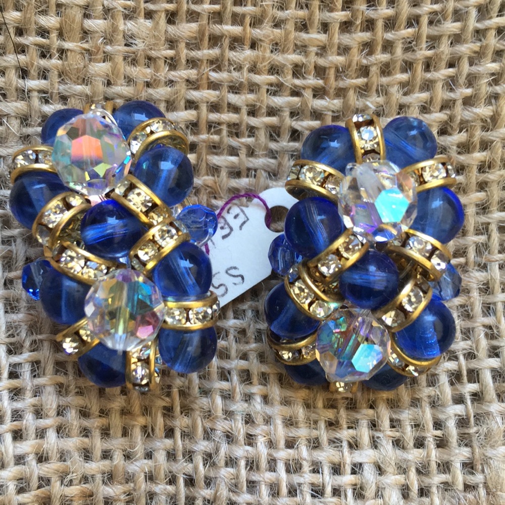 Blue, gold and crystal rhinestone clip on earrings